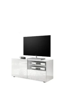 Mobile porta TV 122x57 piccolo moderno con anta singola e cassetto bianco serigrafato PTL15
