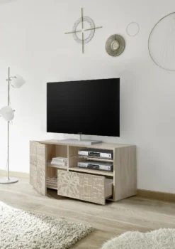 Mobile porta TV 122x57 piccolo moderno con anta singola e cassetto rovere serigrafato PTL15