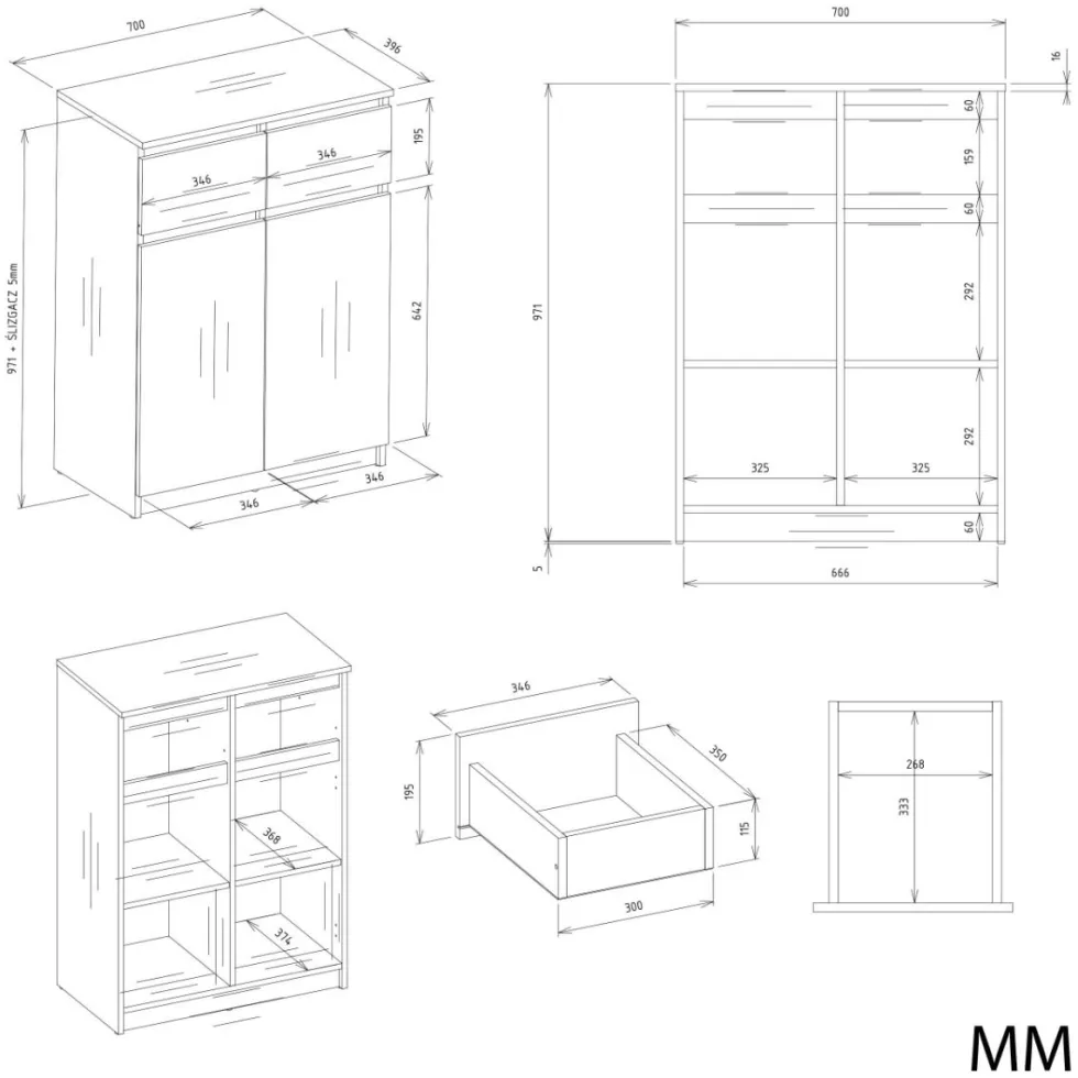Mobile soggiorno multiuso 70x97 cm con ante e cassetti bianco opaco MMT5