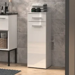 Mobiletto bagno a colonna 30x85 cm con anta e cassetto bianco lucido MBT2