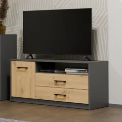 Mobile tv minimal 109x53 cm con anta e cassetti rovere e antracite PTVT6
