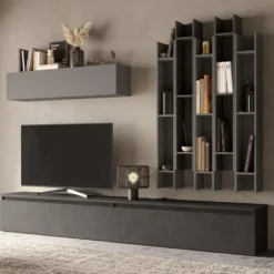 Parete attrezzata con libreria 276x200 cm grigio e piombo PAL38