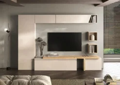Parete attrezzata elegante per soggiorno 300x186 cm rovere e beige PAL77