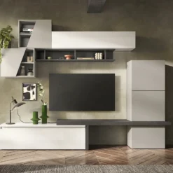 Parete attrezzata elegante 280x202 cm bianco lucido, grigio chiaro e piombo PAL64