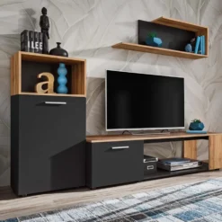 Parete attrezzata moderna antracite e rovere PAP138