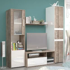 Parete attrezzata moderna con vetrinetta in rovere antico e bianco lucido SG28