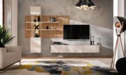 Parete attrezzata moderna sospesa con vetrina beige e rovere 280x180 PAP149