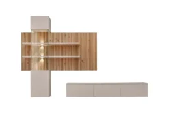 Parete attrezzata moderna sospesa con vetrina beige e rovere 280x180 PAP149