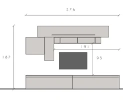 Parete attrezzata moderna 276x187 cm bianco lucido, grigio chiaro e rovere PAL25