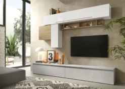 Parete attrezzata moderna 276x187 cm bianco lucido, grigio chiaro e rovere PAL25