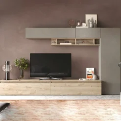 Parete attrezzata moderna 331x186 cm argilla e rovere PAL39