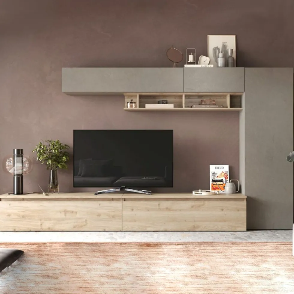 Parete attrezzata moderna 331x186 cm argilla e rovere PAL39