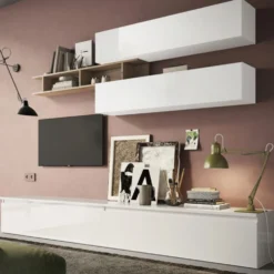 Parete attrezzata moderna 276x190 cm bianco lucido e rovere PAL29