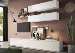 Parete attrezzata moderna 276x190 cm bianco lucido e rovere PAL29