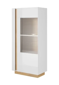 Parete attrezzata soggiorno moderna con luci LED 270x193 bianca con dettagli rovere PALK4