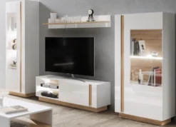 Parete attrezzata soggiorno moderna con luci LED 270x193 bianca con dettagli rovere PALK4