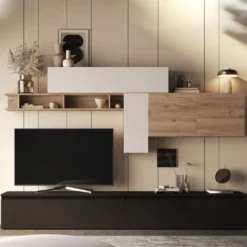 Parete attrezzata soggiorno 276x195 cm rovere, beige, grafite PAL60