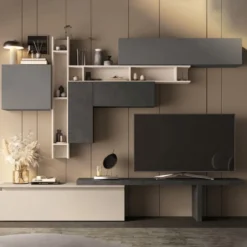 Parete attrezzata soggiorno 280x210 cm grigio, beige e piombo PAL53