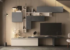 Parete attrezzata soggiorno 280x210 cm grigio, beige e piombo PAL53