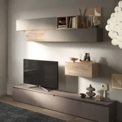 Parete attrezzata soggiorno 276x190 cm argilla, bronzo e rovere PAL49