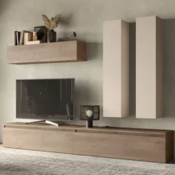 Parete attrezzata soggiorno 276x205 cm beige e noce PAL54