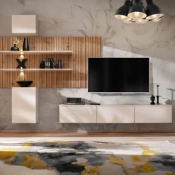 Parete attrezzata sospesa moderna beige e rovere 280x180 PAP151