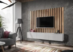 Parete attrezzata sospesa moderna 180x148 cm per soggiorno grigio e rovere PAP154