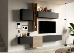 Parete attrezzata sospesa 262x220 cm rovere e grafite PAL20