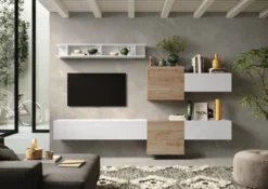 Parete attrezzata sospesa 262x185 cm bianco lucido e rovere PAL30