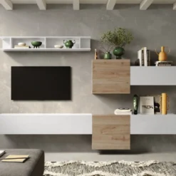Parete attrezzata sospesa 262x185 cm bianco lucido e rovere PAL30