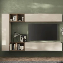 Parete attrezzata sospesa 223x195 cm beige e noce PAL76
