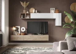 Parete attrezzata sospesa 276x180 cm bianco lucido e rovere PAL48