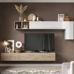 Parete attrezzata sospesa 276x180 cm bianco lucido e rovere PAL48
