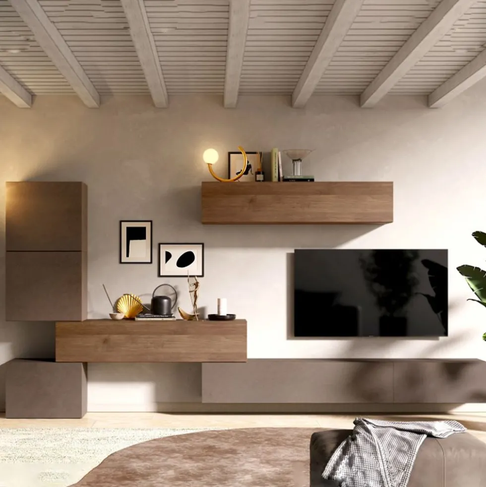 Parete attrezzata sospesa 340x169 cm bronzo e noce PAL22