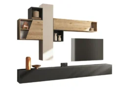 Parete attrezzata sospesa 276x175 cm rovere, beige e grafite PAL81