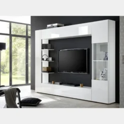 Parete attrezzata 257x187 a terra moderna con pensili e vetrina bianco lucido PAL6