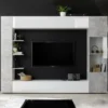 Parete attrezzata 257x187 a terra moderna con pensili e vetrina bianco e cemento PAL6