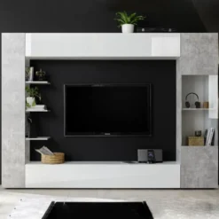 Parete attrezzata 257x187 a terra moderna con pensili e vetrina bianco e cemento PAL6
