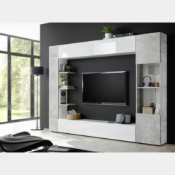 Parete attrezzata 257x187 a terra moderna con pensili e vetrina bianco e cemento PAL6