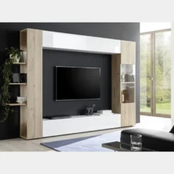 Parete attrezzata 257x187 a terra moderna con pensili e vetrina bianco e rovere PAL6