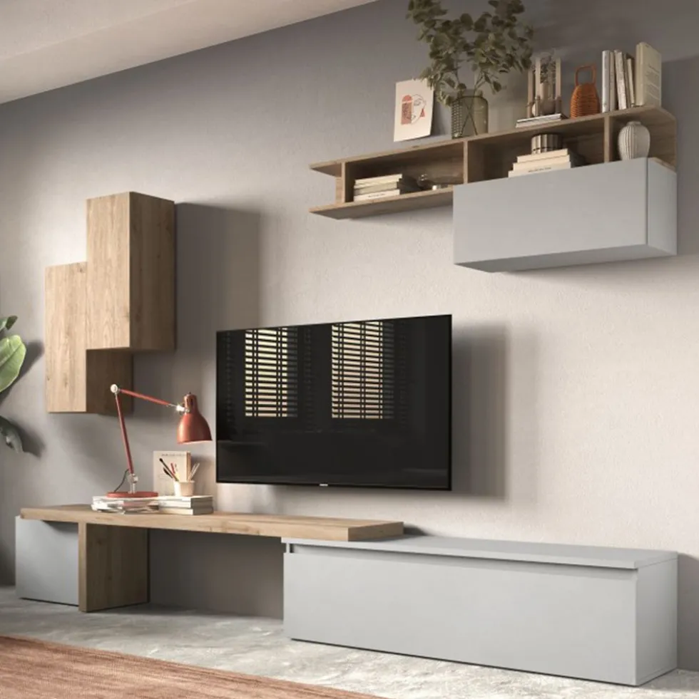 Parete attrezzata 290x210 cm con pensili rovere e grigio PAL41