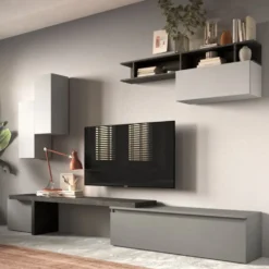 Parete attrezzata 290x210 cm con pensili grigio, grigio chiaro e piombo PAL41