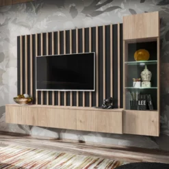 Parete attrezzata 220x148cm sospesa per salotto design moderno rovere e nero PAP143