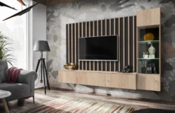Parete attrezzata 220x148cm sospesa per salotto design moderno rovere e nero PAP143