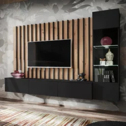 Parete attrezzata 220x148cm sospesa per salotto design moderno nero e rovere PAP143