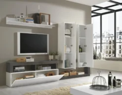 Parete attrezzata 277x173 moderna a terra con pensili verticali bianco e ossido PAL2