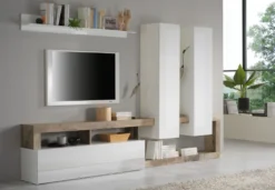 Parete attrezzata 277x173 moderna a terra con pensili verticali bianco e pero PAL2