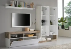 Parete attrezzata 277x173 moderna a terra con pensili verticali bianco e pero PAL2