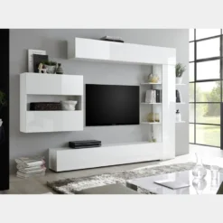 Parete attrezzata 295x187 moderna a terra con libreria e pensile sospeso bianco lucido PAL5