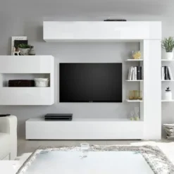 Parete attrezzata 295x187 moderna a terra con libreria e pensile sospeso bianco lucido PAL5